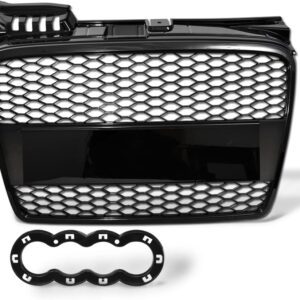 2005-2008 AUDI A4 B7 RS-STYLE HONEYCOMB MESH FRONT BUMPER GRILLE | GLOSSY BLACK WITH EMBLEM BASE